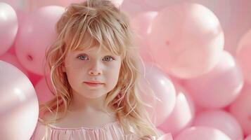 ai generado pequeño niña con muchos rosado globos en pastel rosado antecedentes foto