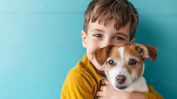 ai generado pequeño chico abrazando tu pequeño perro en pastel azul antecedentes foto