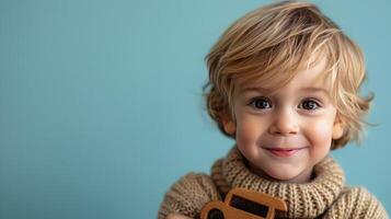 AI generated Little boy hugging car toy on pastel blue background photo