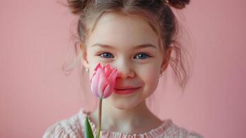 ai generado pequeño niña con un rosado tulipán flor en pastel rosado antecedentes foto