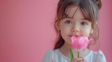 AI generated Little girl with a pink tulip flower on pastel pink background photo