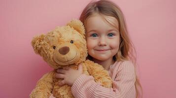 AI generated Little girl hugging stuffed toy on pastel pink background photo