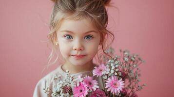 ai generado pequeño niña con un ramo de flores de rosado flores en pastel rosado antecedentes foto