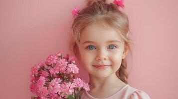 AI generated Little girl with a bouquet of pink flowers on pastel pink background photo