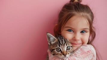 ai generado pequeño niña abrazando tu pequeño gato en pastel rosado antecedentes foto