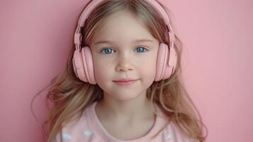 ai generado pequeño niña con grande rosado auriculares en pastel rosado antecedentes foto