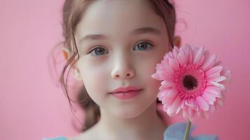 ai generado pequeño niña con un rosado flor en pastel rosado antecedentes foto