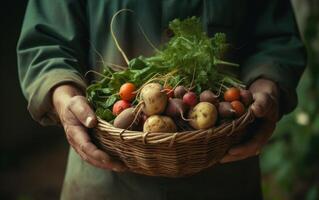 ai generado un persona participación un cesta lleno de vegetales foto