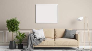 AI generated Living Room with a couch and mockup framed pictures photo