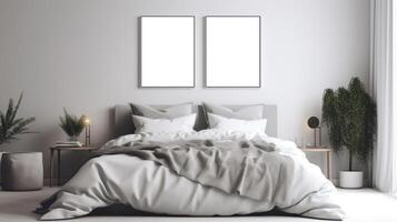 AI generated Bedroom with a bed and mockup framed pictures photo