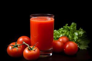 ai generado Fresco tomate jugo en un vaso de Tomates cerca eso en un negro antecedentes. foto