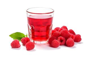 AI generated A glass of raspberry juice on a white background with raspberry berries. Delicious natural berry juice photo