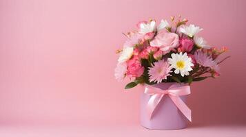 ai generado rosado antecedentes con un caja con un ramo de flores de flores para de la madre día, cumpleaños. sitio para texto foto