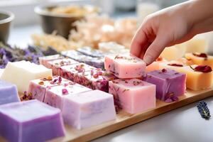 AI generated Soap making Pieces of natural soap with different aromas. Handmade soap. Organic soap. Skin care. photo