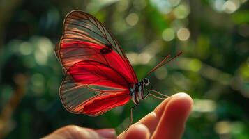 ai generado mariposa en humano mano foto