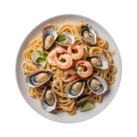 ai généré italien restaurant menu article savoureux Pâtes avec Huîtres et crevettes gourmet isolé png