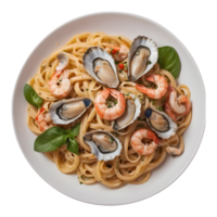 AI generated Italian restaurant menu item tasty pasta with oysters and shrimps gourmet isolated png