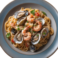 AI generated Italian restaurant menu item tasty pasta with oysters and shrimps gourmet isolated png