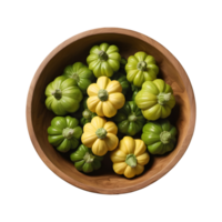 AI generated Green pattypan squash in wooden bowl on transparent background isolated png