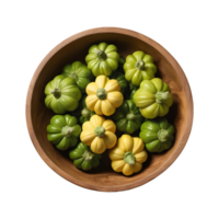 ai generado verde pattypan squash en de madera cuenco en transparente antecedentes aislado png