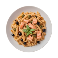 AI generated Salmon and olive pasta on a transparent background isolated png