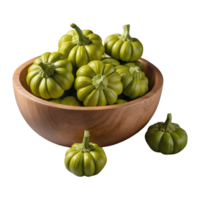 AI generated Green pattypan squash in wooden bowl on transparent background isolated png