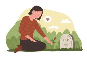 Mourning Woman Holding Flower and Sitting in Front of a Grave in a Cemetery vector