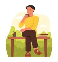 Man Sitting on Bench and Relaxing with Drinking in Garden vector