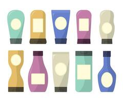 Set of Color Bottles with Blank Label for Copy Space Flat Vector Design Element