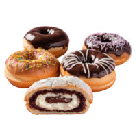 ai gegenereerd vanille room gevulde brood en chocola donuts weergegeven Aan transparant achtergrond geïsoleerd png