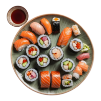 ai generiert oben Aussicht von ein Sushi einstellen auf ein Teller ein Beliebt und Gut bekannt japanisch Gericht mit Essstäbchen isoliert png