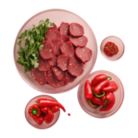 AI generated Raw beef slices on transparent background bowls with red peppers and greens isolated png