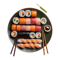 ai gerado topo Visão do uma Sushi conjunto em uma prato uma popular e bem conhecido japonês prato com pauzinhos isolado png