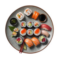 AI generated Top view of a sushi set on a plate a popular and well known japanese dish with chopsticks isolated png