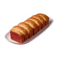 AI generated Red sponge bread on a long plate with a transparent background isolated png