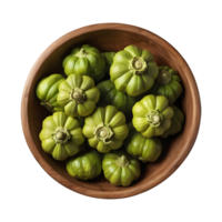 AI generated Green pattypan squash in wooden bowl on transparent background isolated png