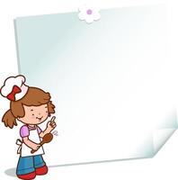 Blank banner with a child chef. A little girl cook with a chef uniform and a blank paper post it note. Cooking recipe for kids. Kids menu background. Vector illustration