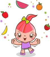 niño con fruta. un contento pequeño niña jugando con sano alimento. sano comiendo hábitos vector ilustración