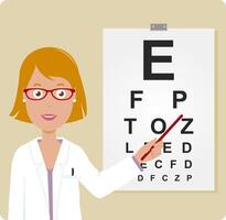 Eye doctor examining a patient. An ophthalmologist optician examining a patient using the eye chart. Vector illustration