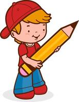 Child at school doing homework. A little student boy holding a big pencil. Vector illustration