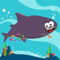 Shark and fish swimming underwater. Cute cartoon sea animals under sea floor. Vector Illustration
