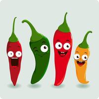 Hot chili pepper characters of different colors and sizes. Happy cartoon chili peppers. Vector Illustration