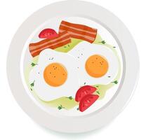 Breakfast on a plate with eggs and crispy bacon. Dish of fried eggs, bacon and sliced tomato, served with parsley and olive oil. Vector illustration