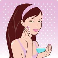 un bonito joven mujer aplicando hidratante crema en su rostro. piel cuidado. vector ilustración