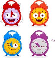 A set of four happy alarm clocks characters. A ringing, a smiling, a winking and a sleeping time alarm clock. Vector Illustration