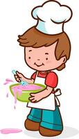 un pequeño chico con un cocinero uniforme Cocinando y haciendo un lío en el cocina. chico cocinero Cocinando en el cocina. vector ilustración