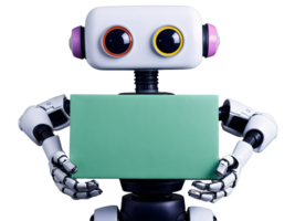 AI generated Cute robot holding blank empty paper box, ai artificial intelligence concept, copy space area, isolated on transparent background png