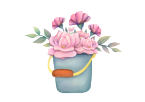 waterverf modieus minimalistisch bloemen groet kaart. roze boeket in metaal tuin emmer. clip art bloem arrangement voor bruiloft uitnodiging, opslaan de datum, dank u png