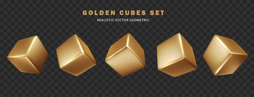 Cube in gold metallic set Isolated collection. Realistic 3d golden decorative design elements. Square geometric shapes vector