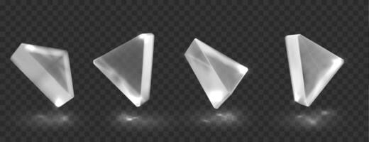 Glass or crystal triangle in different angle view. Geometric shape with reflection, isolated glossy object. Realistic 3D Illustration. vector